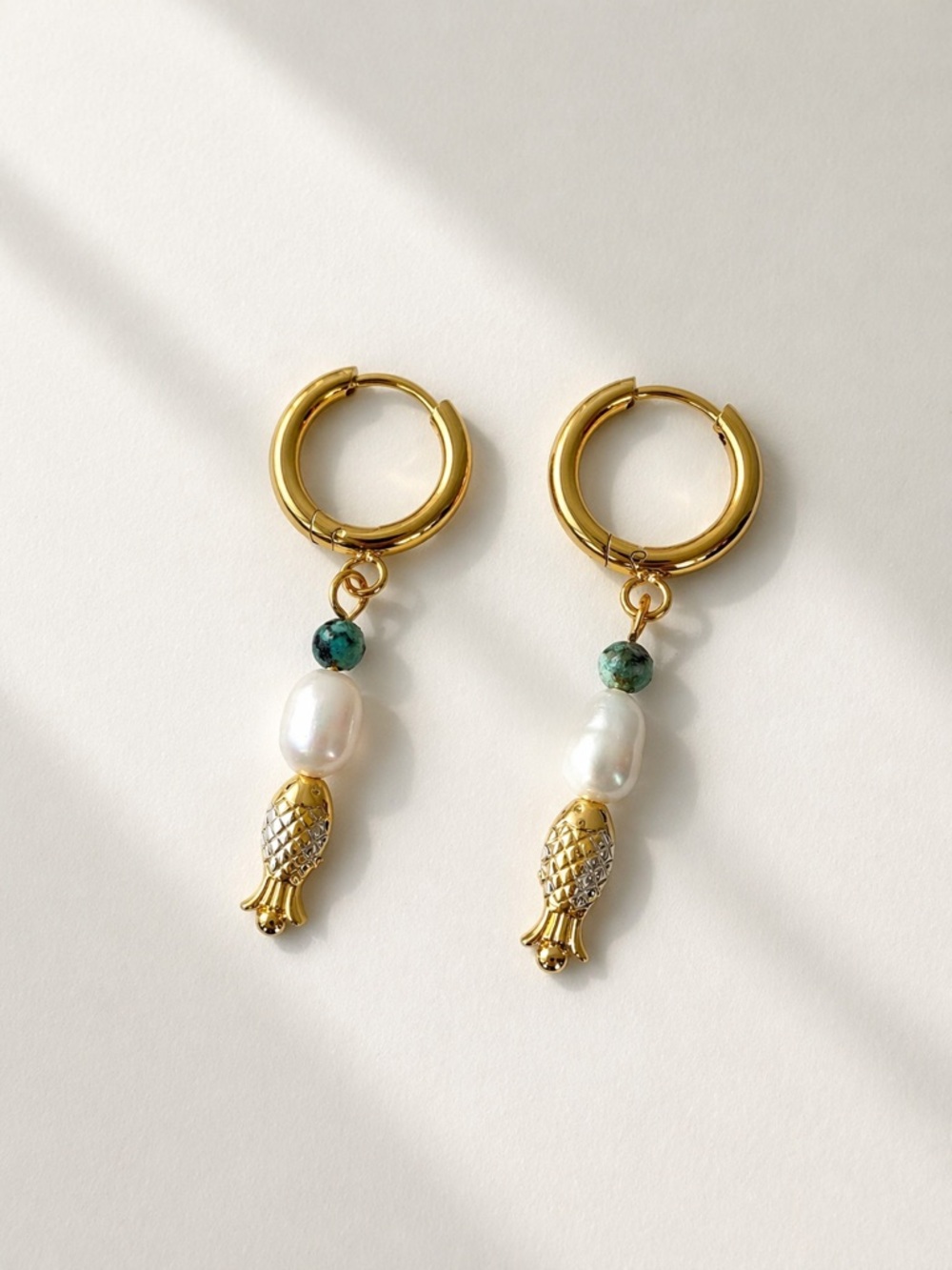 Fish Drop Hoop Earrings- Baroque pearl, natural stone and stainless steel